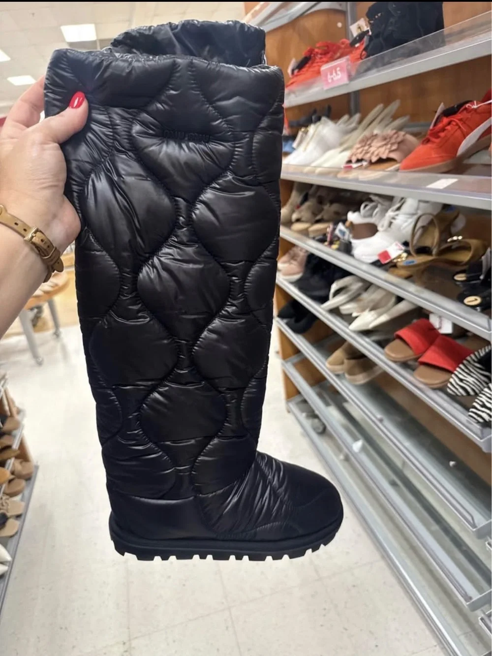 Miu Miu Black Quilted Nylon Knee Boots with Drawstring Detail